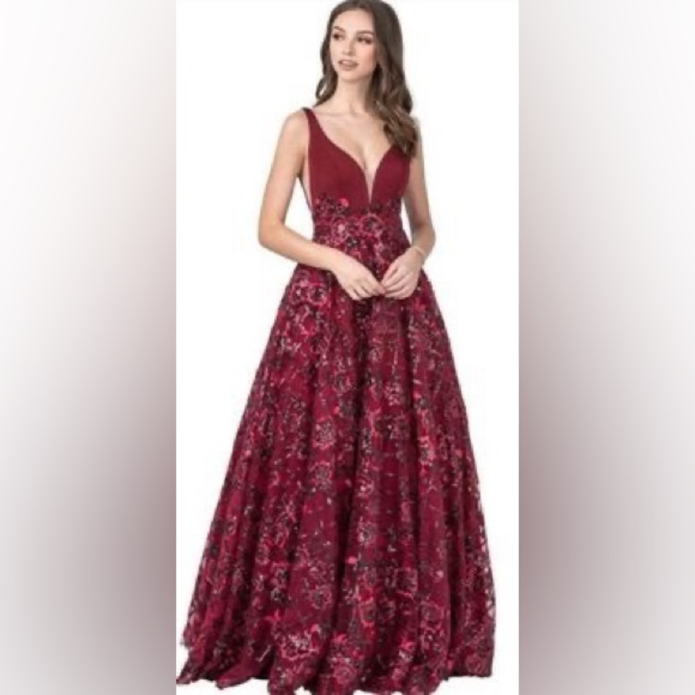 Apseed Design Embellished Chiffon Lace A-Line Gown, Burgundy